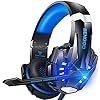 BENGOO G9000 Stereo Gaming Headset for PS4 PC Xbox One PS5 Controller, Noise Cancelling Over Ear Headphones with Mic, LED Light, Bass Surround, Soft Memory Earmuffs (Blue)