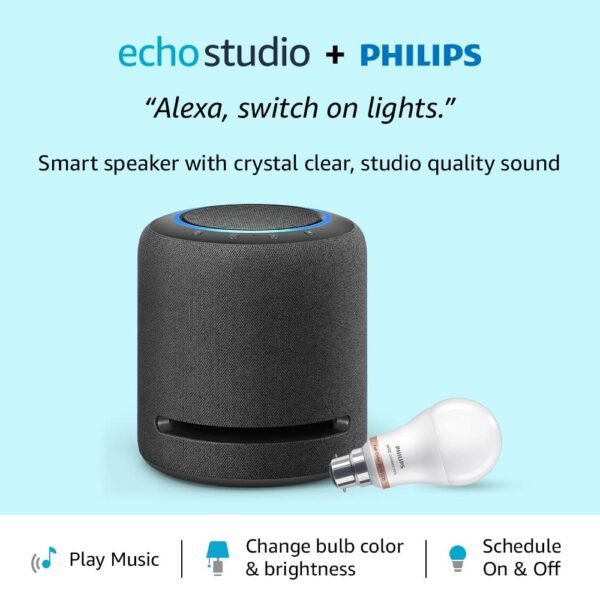 Amazon Echo Studio (Black) combo with PHILIPS 9W LED Smart Color Bulb