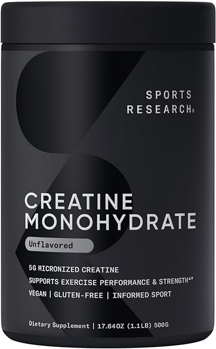 Sports Research Creatine Monohydrate - Gain Lean Muscle, Improve Performance and Strength and Support Workout Recovery - 5 g Micronized Creatine - 1.1LBS