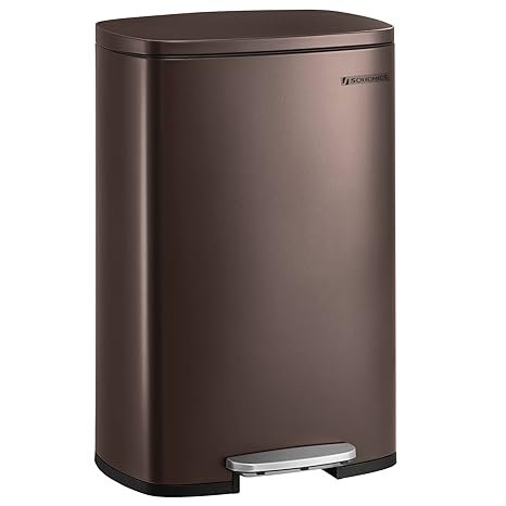 SONGMICS 13 Gallon Trash Can, Stainless Steel Kitchen Garbage Can, Recycling or Waste Bin, Soft Close, Step-On Pedal, Removable Inner Bucket, Brown ULTB50BR