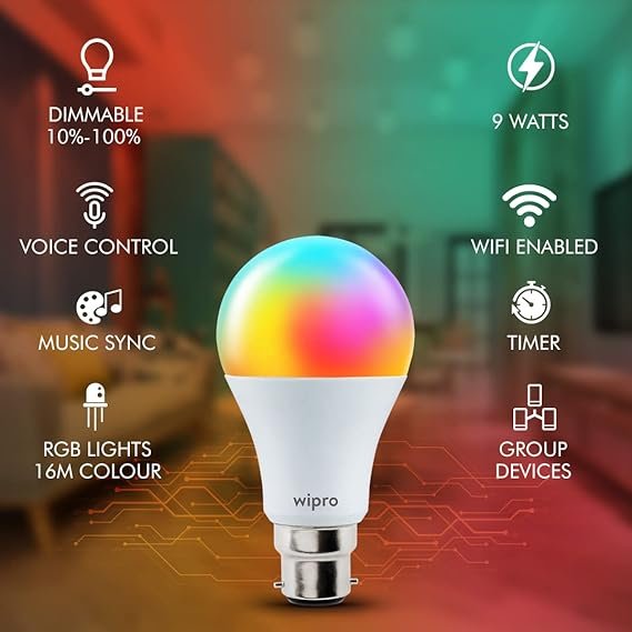 Wipro 9W B22D WiFi LED Smart Bulb with Music Sync Function, Compatible with Amazon Alexa and Google Assistant (16M Colours, Warm White/Neutral White/White + Dimmable) Pack of 1