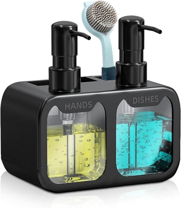 Dish Soap Dispenser and Hand Soap Dispenser Set with Sponge Caddy and Brush Holder - Organizer for Kitchen Sink - Useful Kitchen Gadgets - Black