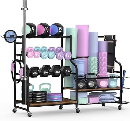 Mythinglogic Weight Rack for Dumbbells, Home Gym Storage for Yoga Mat Dumbbells Kettlebells and Strength Training Equipment, Dumbbell Rack with Wheels and Hanging Hooks