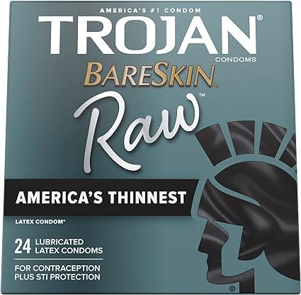 TROJAN BareSkin Raw Thin Condoms, Lubricated Condoms For Men, America’s Number One Condom Brand, 24 Count Pack