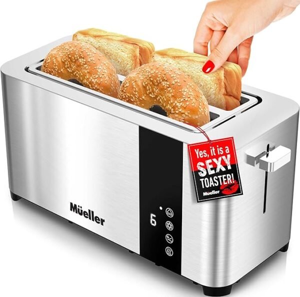 Mueller UltraToast Full Stainless Steel Toaster 4 Slice, Long Extra-Wide Slots with Removable Tray, Cancel/Defrost/Reheat Functions, 6 Browning Levels with LED Display