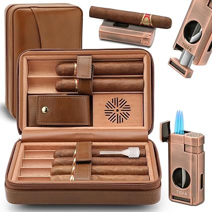 TISFA Cigar Humidor, Leather Cedar Wood Cigar Case with Cigar Lighter, V Cut Cigar Cutter, Cigar Holder 3 in 1, Portable Travel Cigar Humidor Box with Humidifier