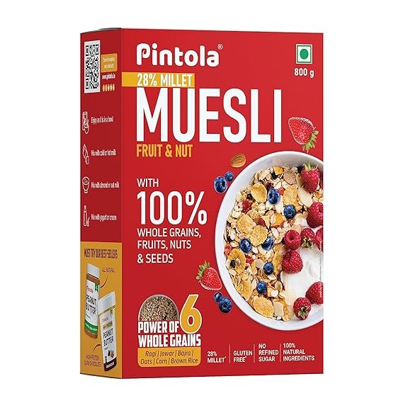 Pintola Fruit & Nut Muesli with 28% Millet & 68% Wholegrains (800g), Healthy-Fruity Breakfast cereal with 6 nuts, dried fruits & Dates, No Preservatives, No added sugar|Rich in Dietary Fibre & Protein