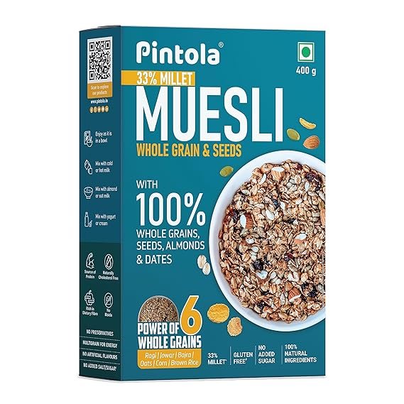 Pintola Wholegrain & Seeds Muesli with 33% Millet (400g), Nutricious Brakfast Cereal with 26% nuts, seeds and dates, No preservatives | Rich in dietary Fibre & Protein | Cholesterol Free | Gluten Free